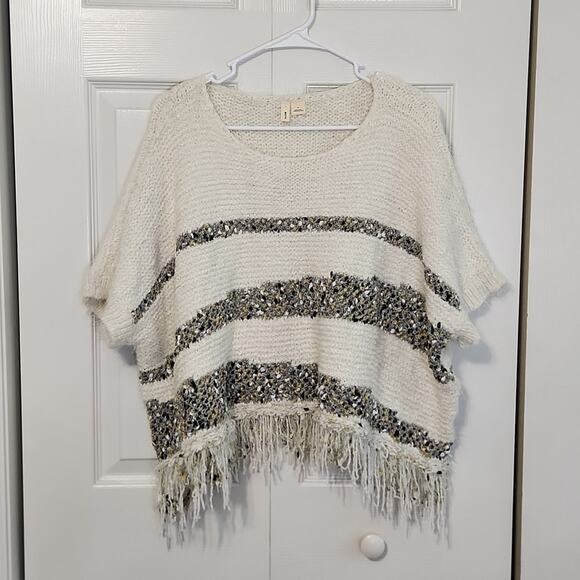 Moth Sweaters - Anthropologie Moth Women's Cream Sweater Poncho Size Med Cropped‎ Boxy Stripes